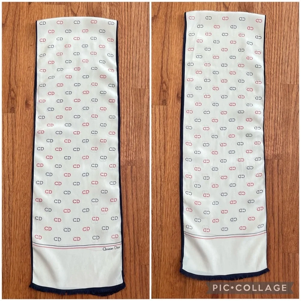 Christian Dior red and blue monogram on white silk scarf made in Italy